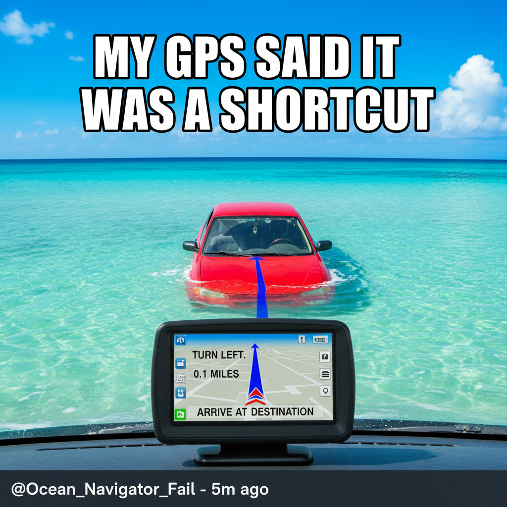 Road trip rule #1: Never trust the GPS when it says 'in 200 feet, turn right into the ocean.'