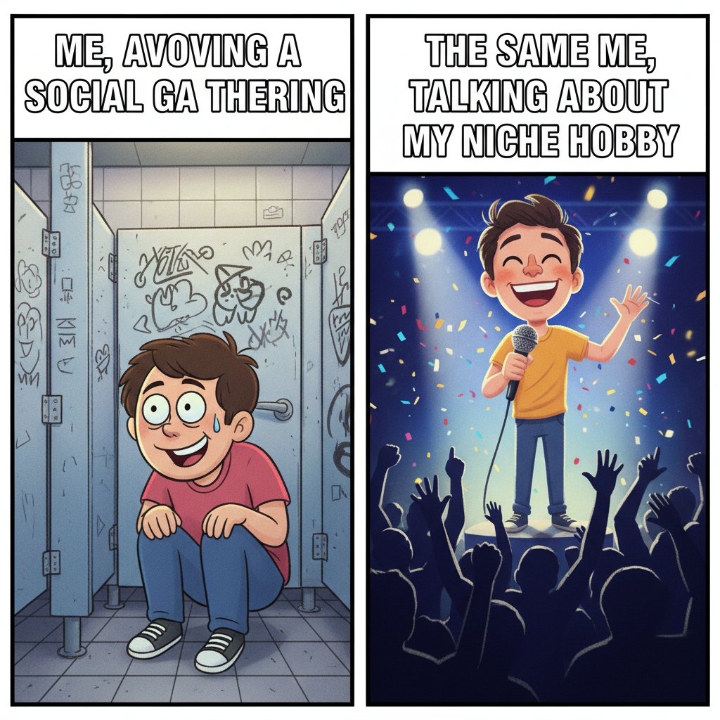 Introvert at a party: Recharge in the bathroom. Extrovert: IS THIS MIC ON?! 🎤🚽