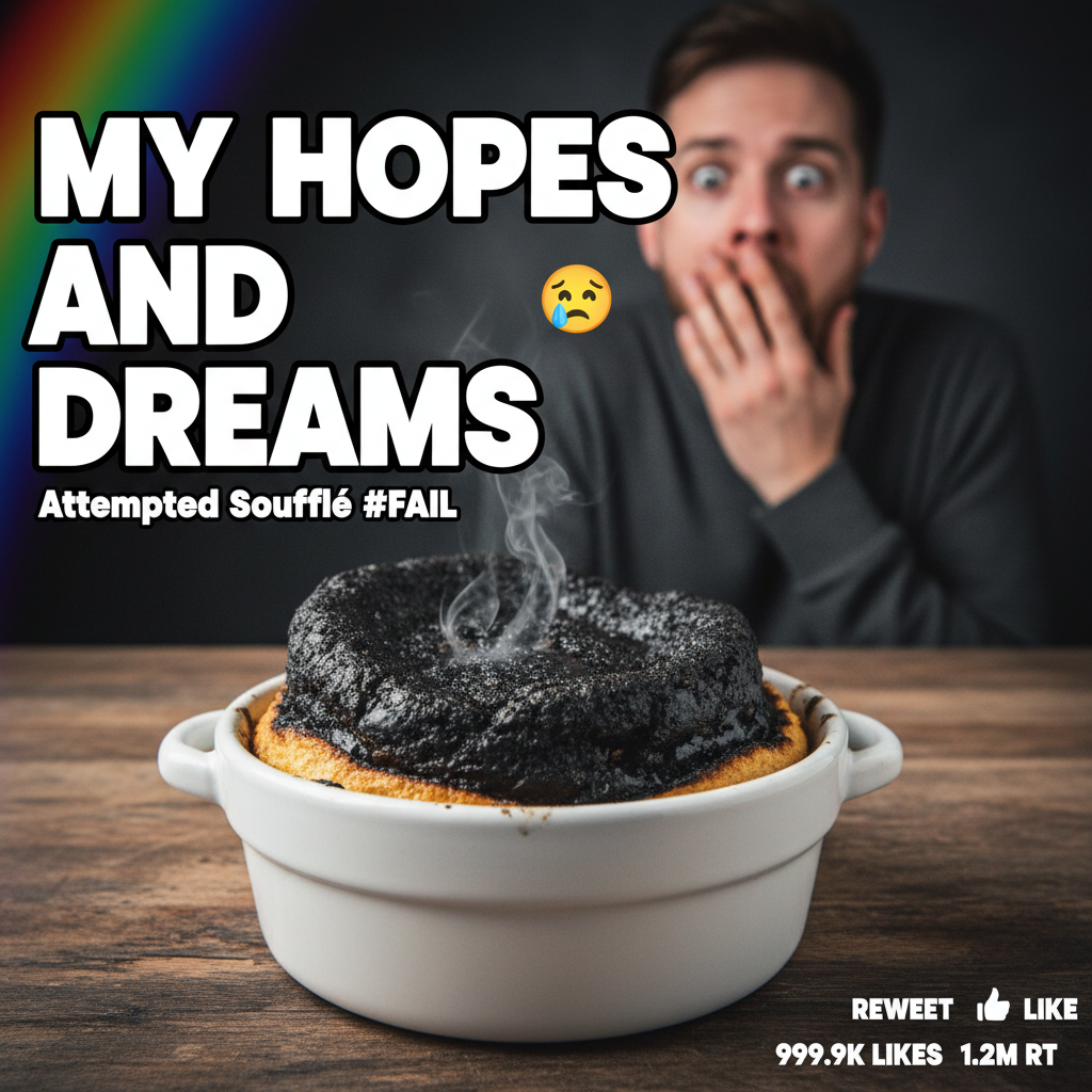 Attempted a soufflé, ended up with a charcoal briquette. My kitchen smells... unique. 🔥🍳