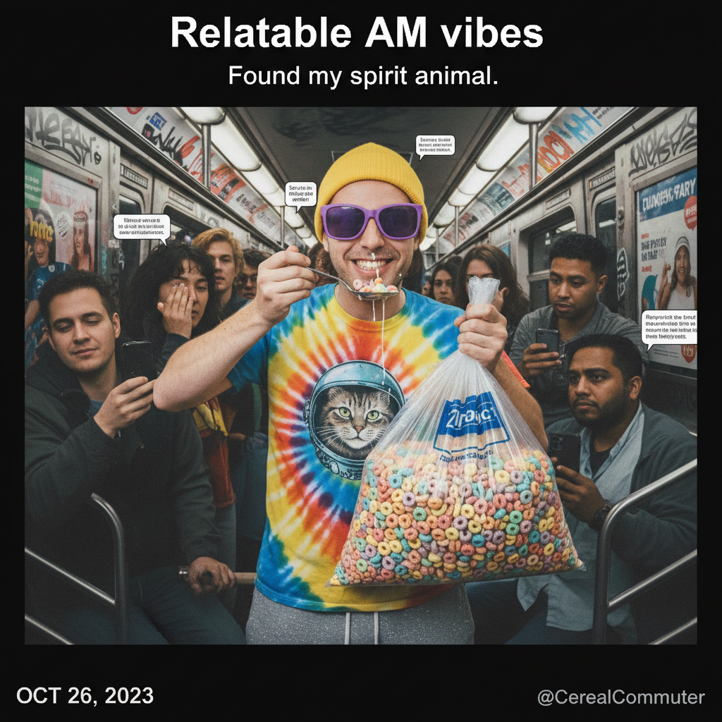 Just saw a guy on the subway eating cereal out of a Ziploc bag. Legend. 🥣🚇