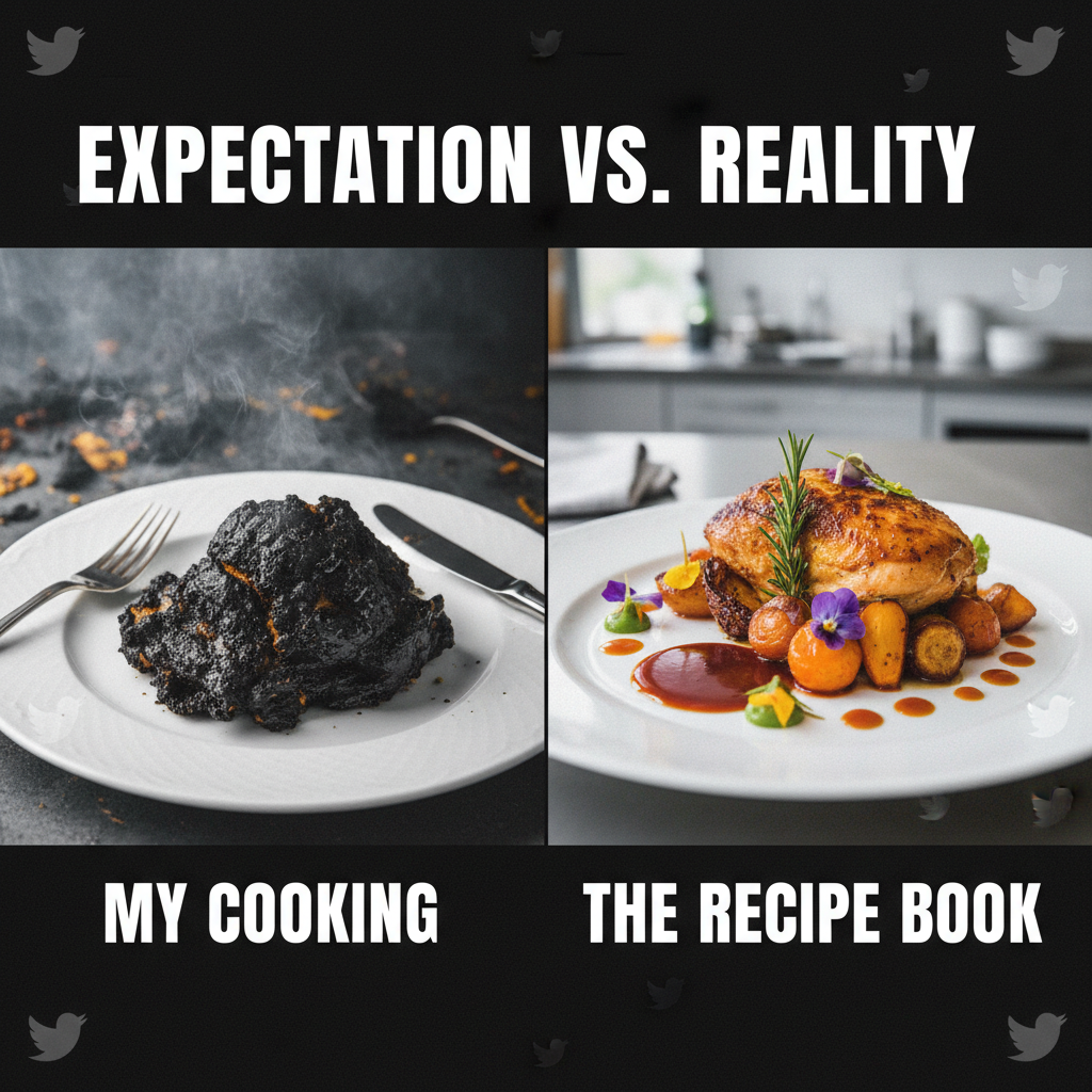 My 'gourmet' dinner plans vs. what actually came out of the oven. Send help.