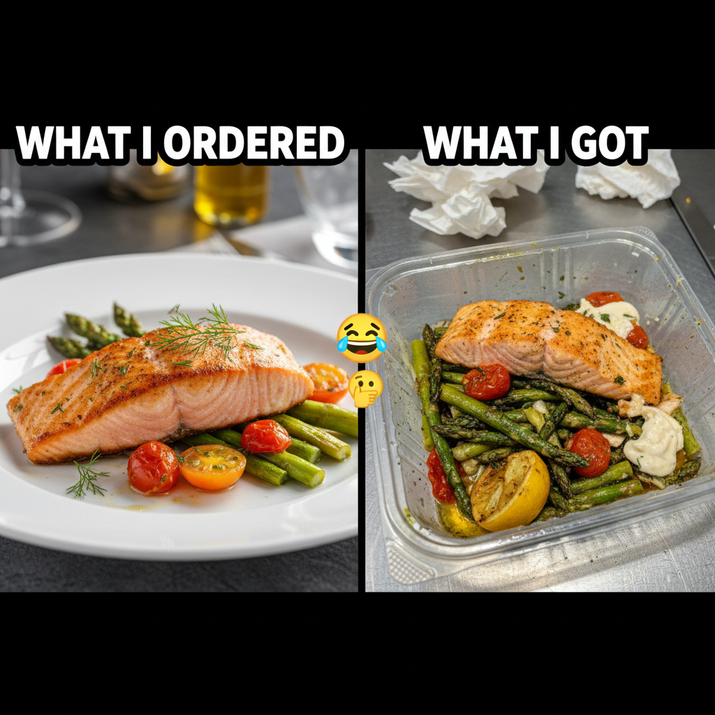 My food delivery picture vs. the actual sad, squished reality. 😭