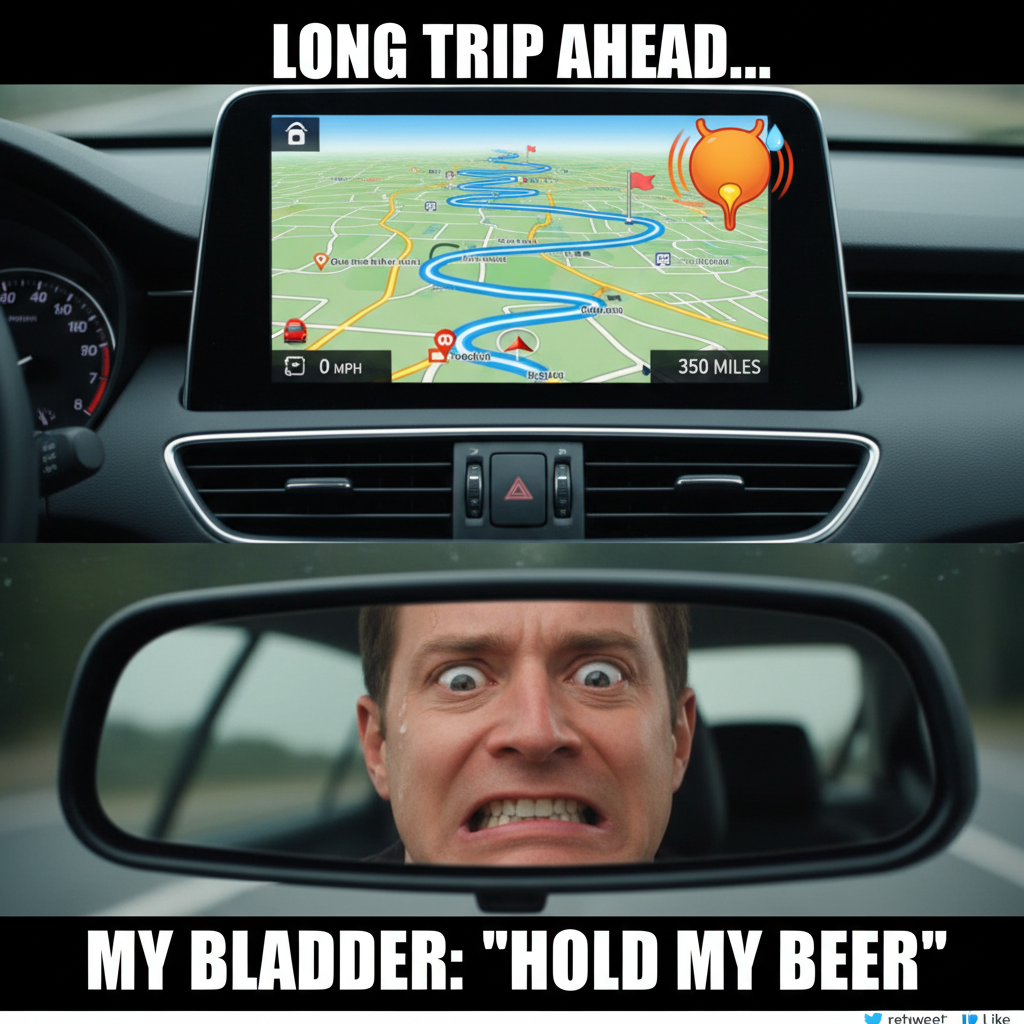 Road trip map says '1 hour.' My bladder says '5 minutes.' This is fine. Everything is fine.