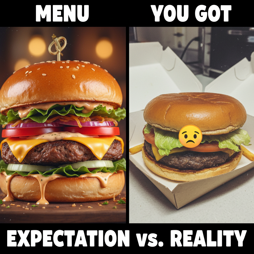 Ordered a gourmet burger, got two buns and a pickle. My expectations vs. reality is a tragedy.