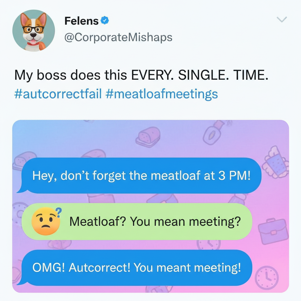 Autocorrect changed 'meeting' to 'meatloaf'. My boss is very confused. #AutocorrectFail