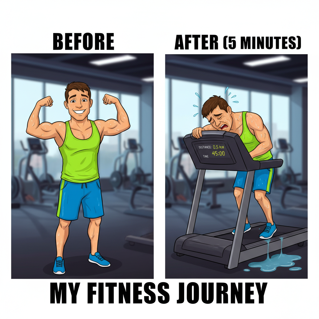 Me trying to look cool at the gym vs. me after 5 mins on the treadmill. #GymHumor