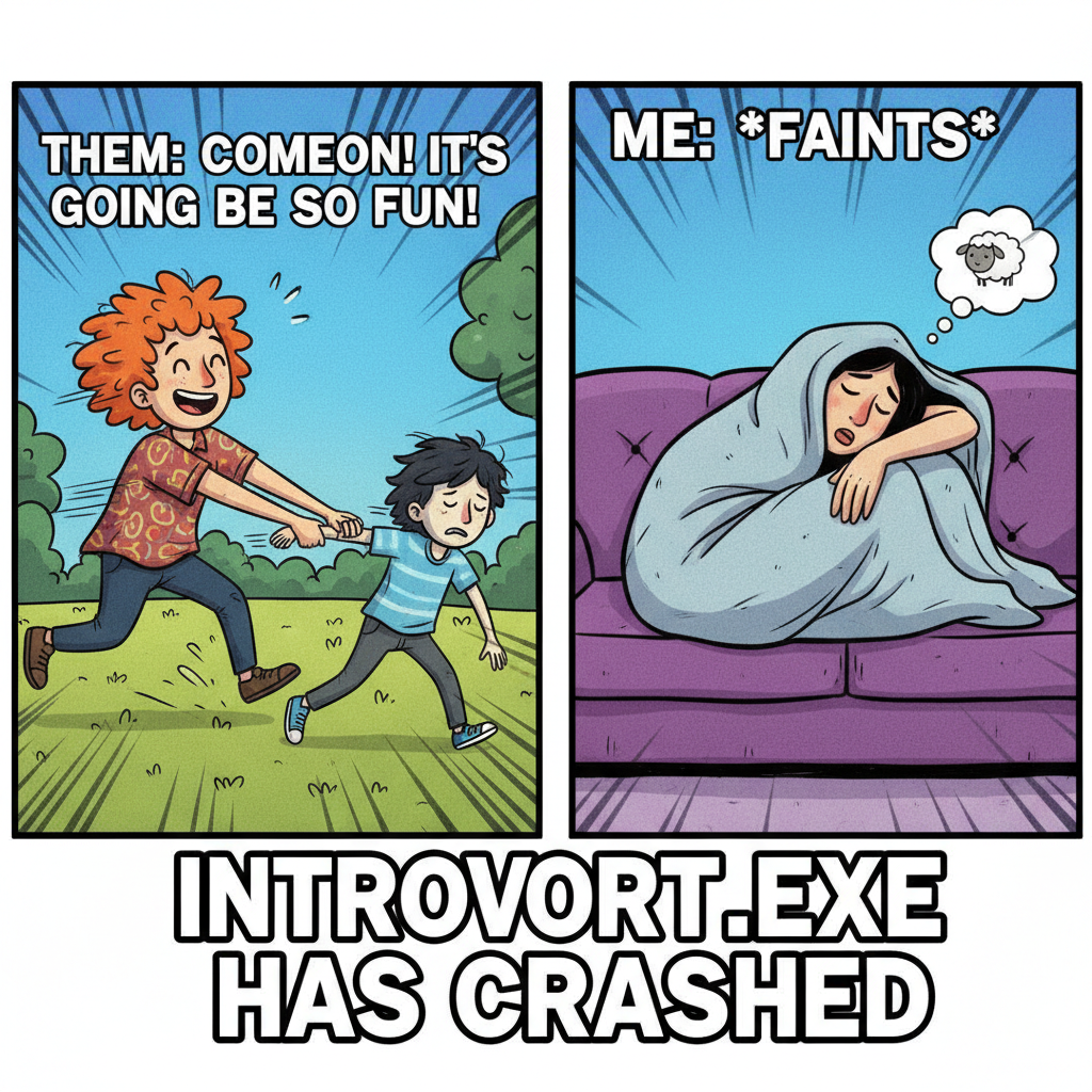 Extrovert: 'Let's go out!' Introvert: *pretends to be asleep*