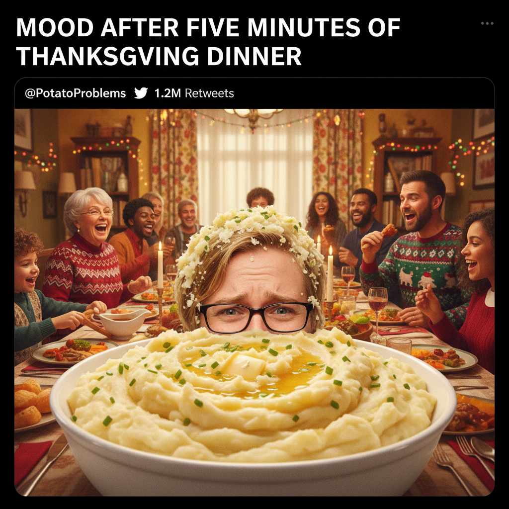 Aunt Carol just asked if I'm 'still single.' The mashed potatoes are my only comfort now.