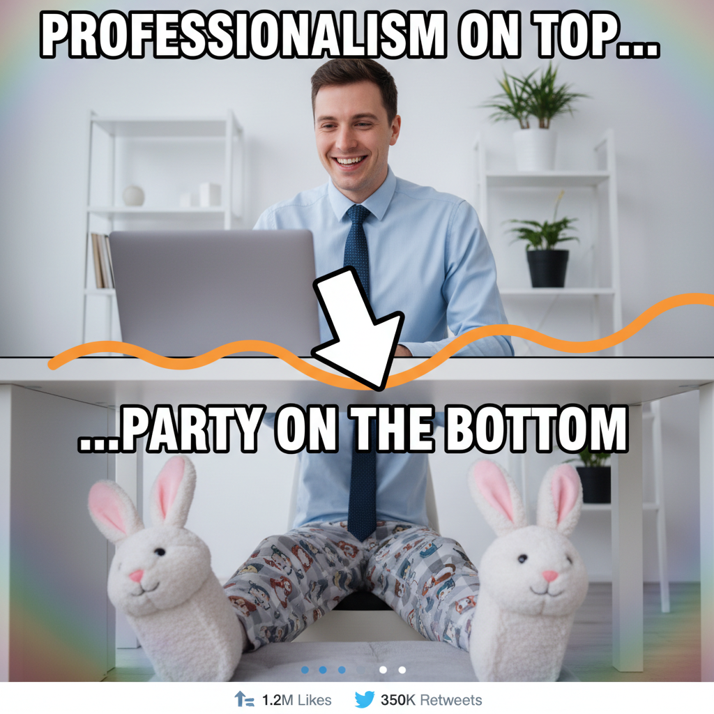 My WFH uniform: Business on top, pajama bottoms, and a deep existential crisis underneath.