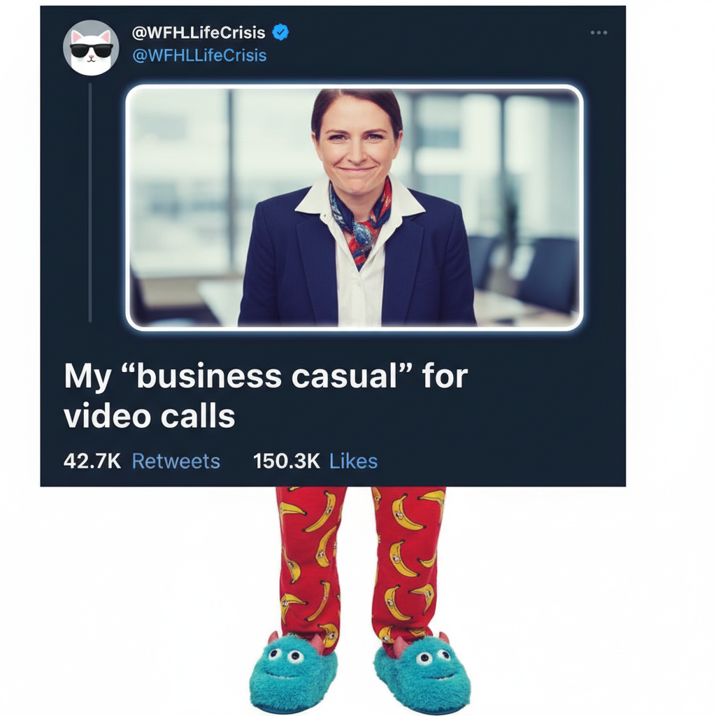 My WFH outfit: Business on top, pajama pants and fuzzy slippers on the bottom.