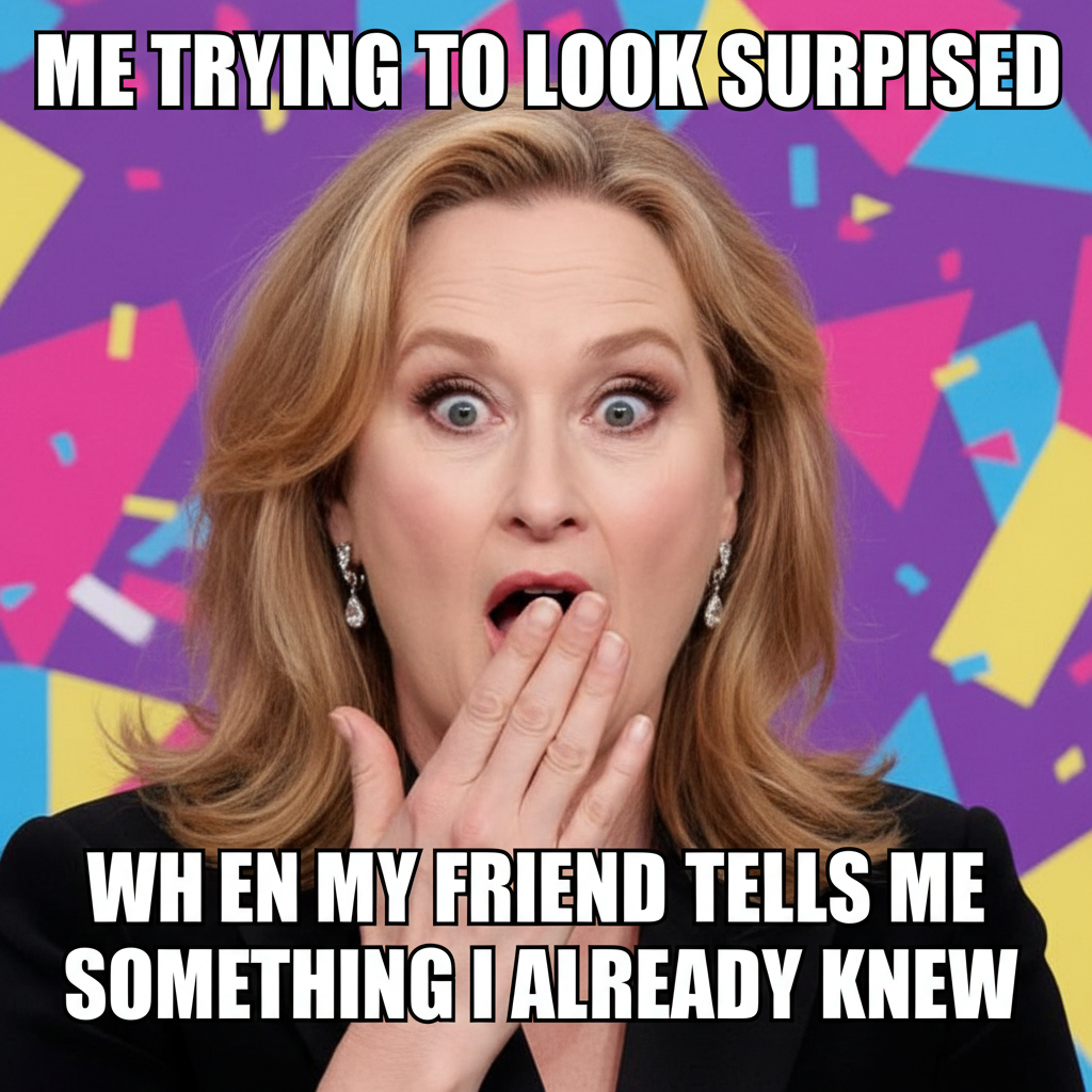 Me trying to act surprised when my friend tells me gossip I already know. (feat. Meryl Streep)