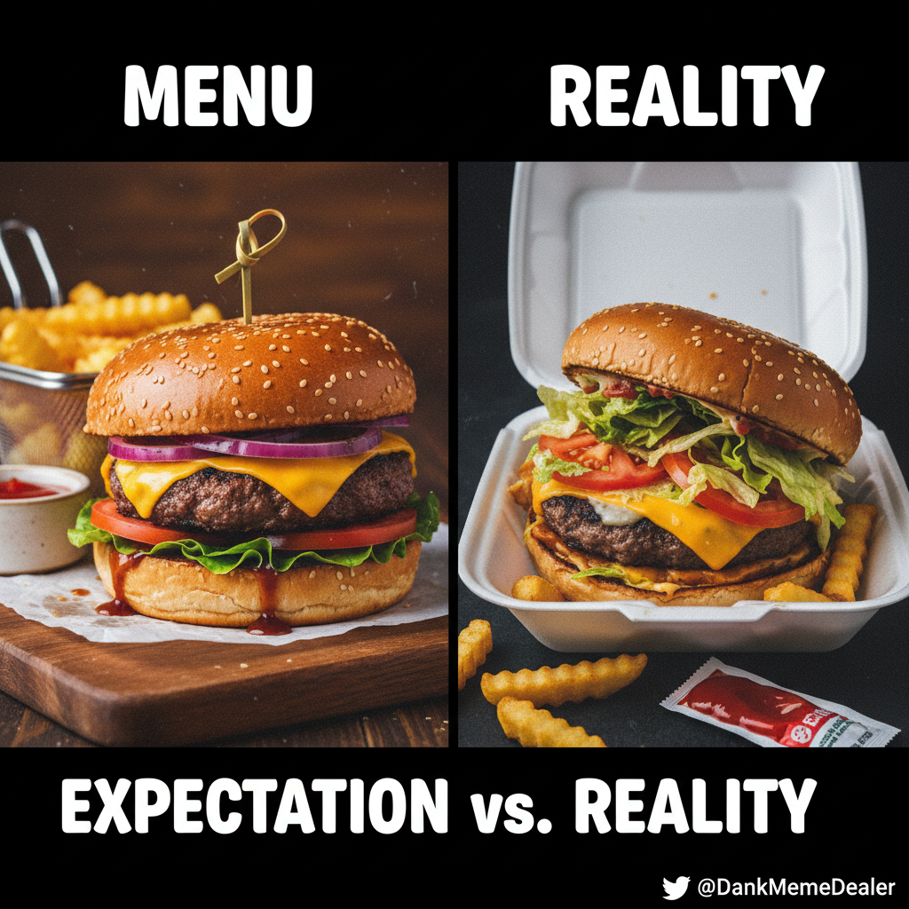 Ordered a gourmet burger. Got a sad patty on a soggy bun. My disappointment is immeasurable.