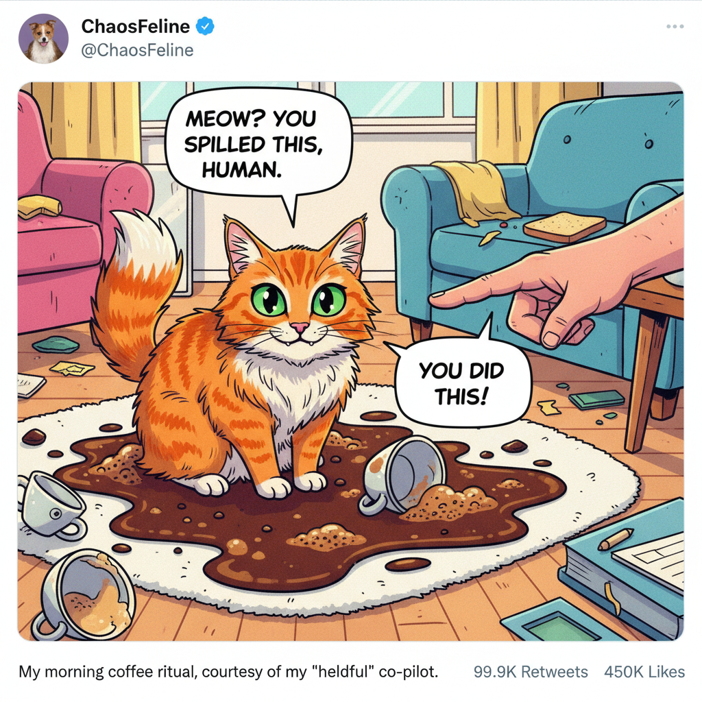 My cat just knocked my coffee off the table then looked at me like *I* was the problem.