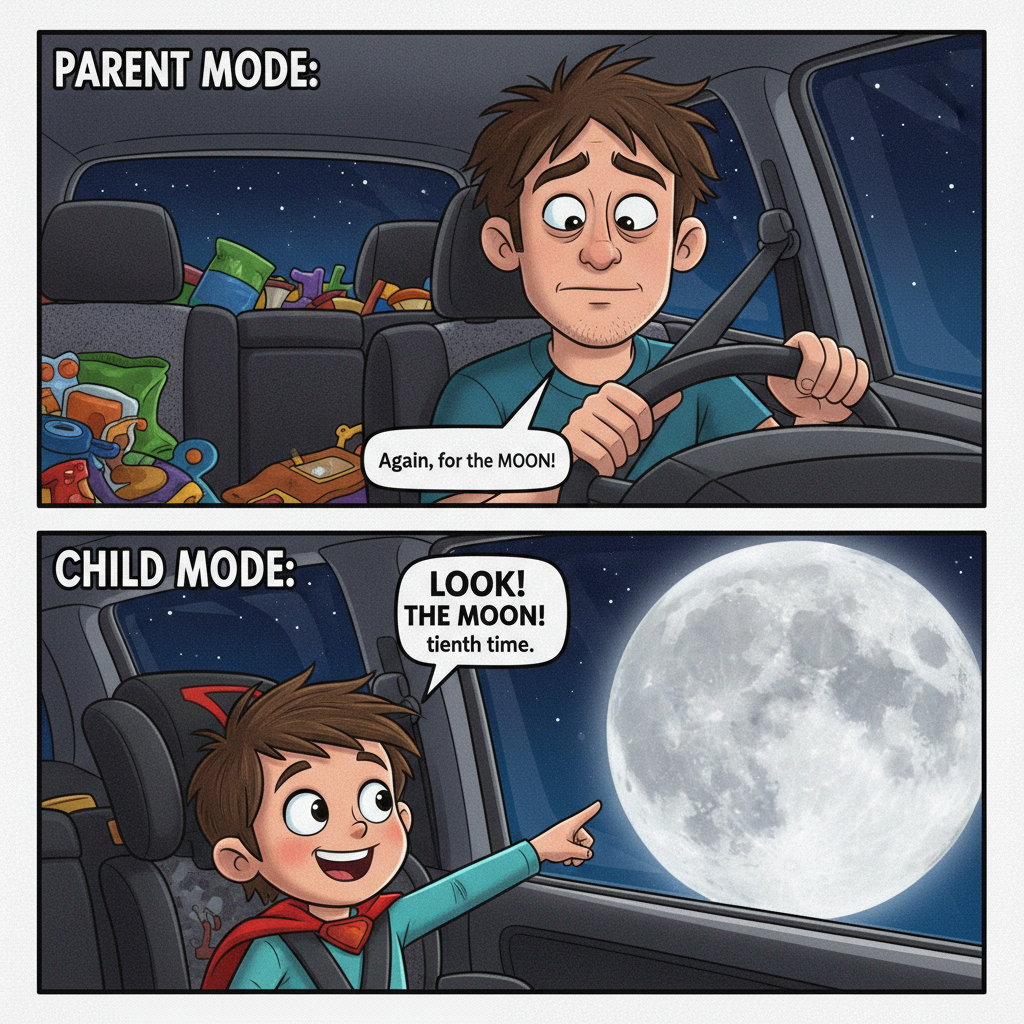 My kid just asked why the moon follows our car. Send help. And a science degree.