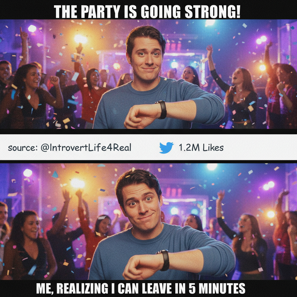 Introvert at a party: 'I've recharged enough. Time to go home and hibernate for a week.'