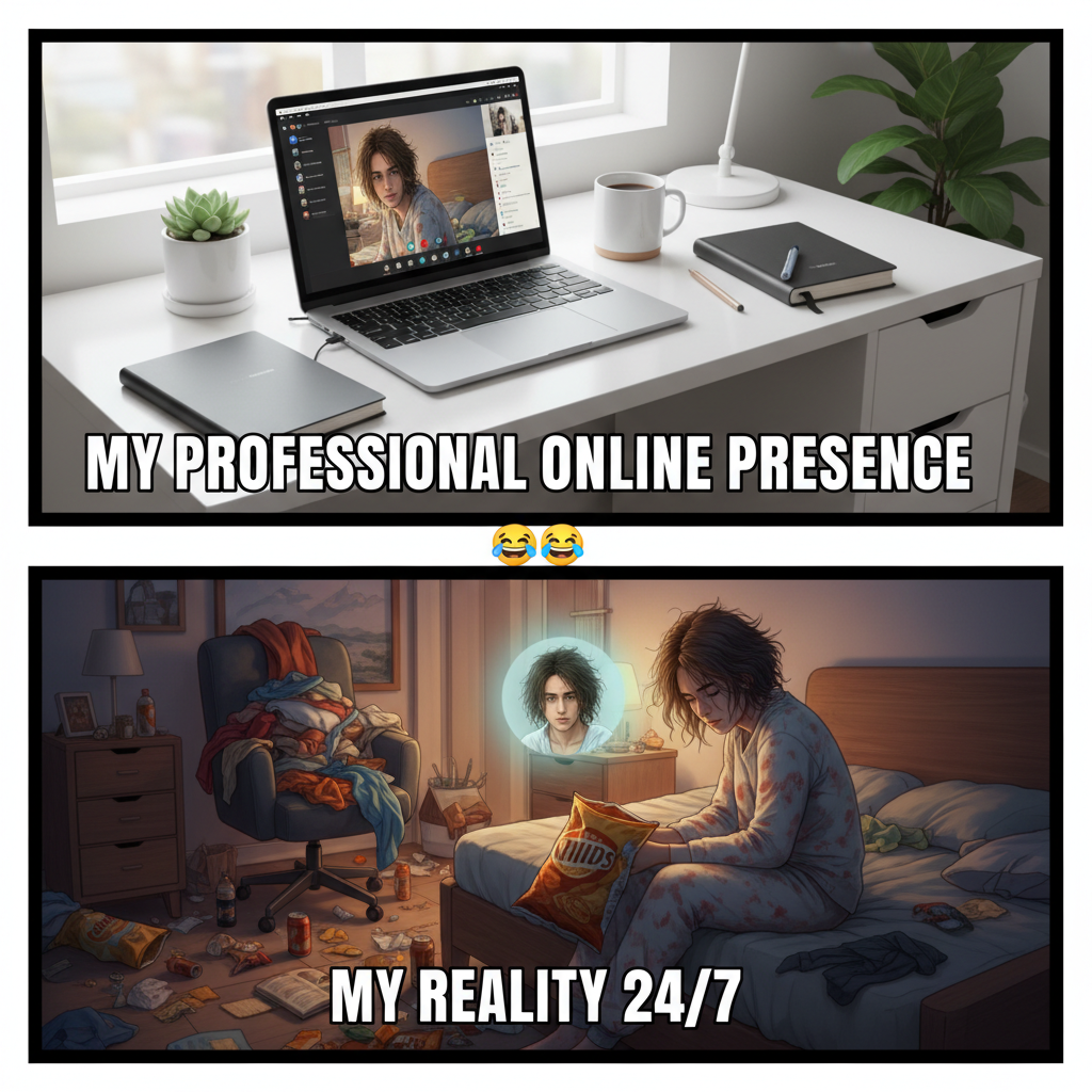 My 'professional' WFH setup vs. what my webcam actually sees. Send help.