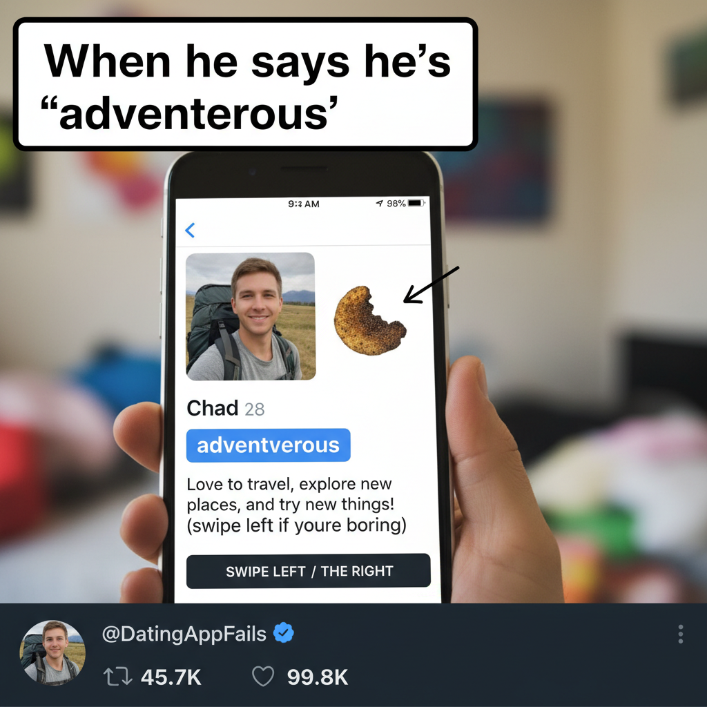 Dating apps: where 'adventurous' means they once ate a spicy chip.