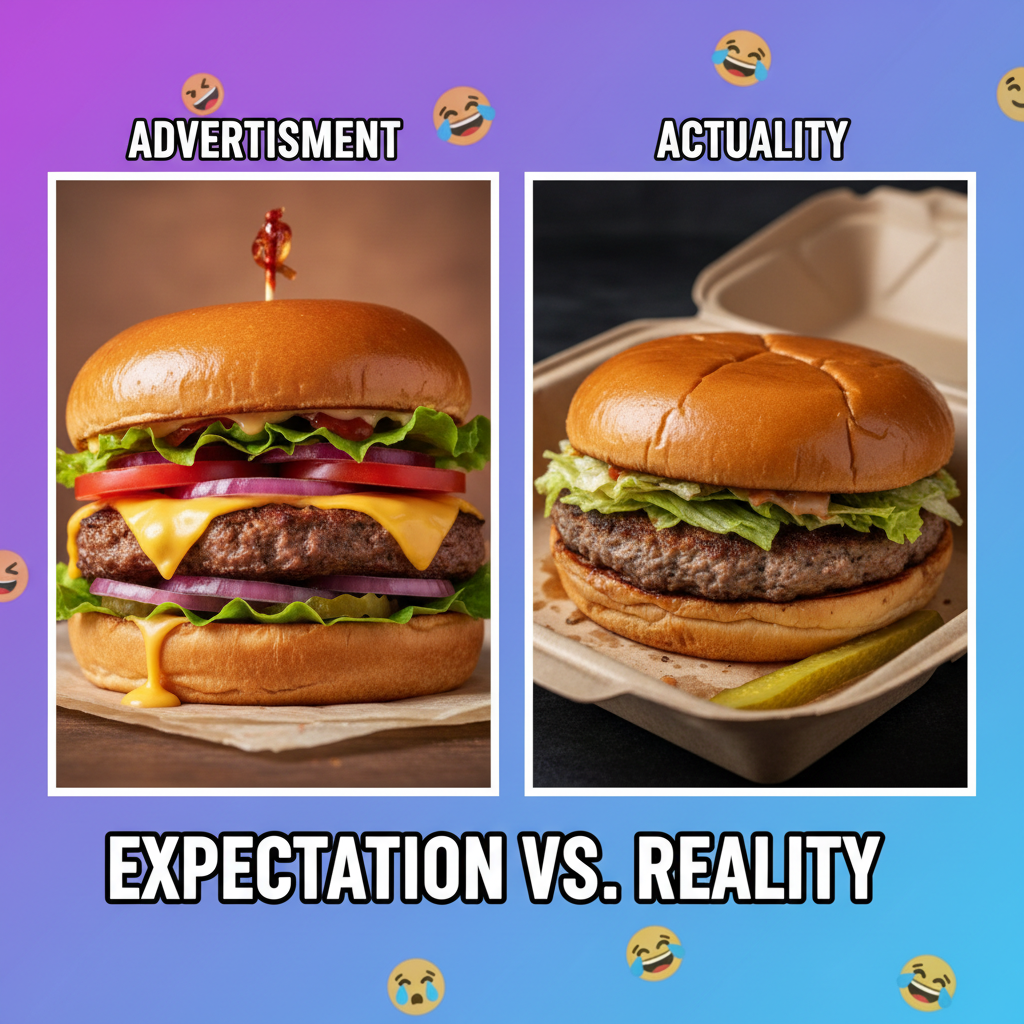 Ordered a gourmet burger, got a sad patty between two deflated buns. My disappointment is immeasurable.