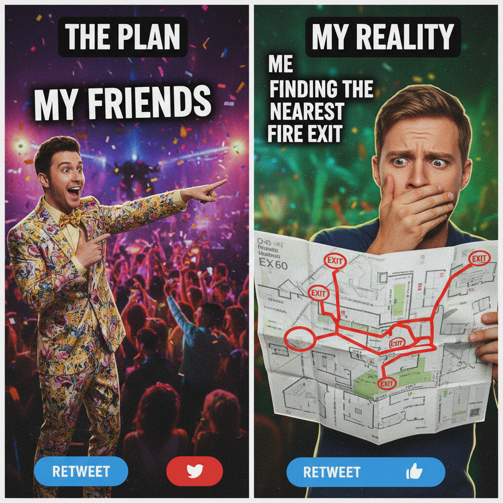 Extrovert: 'Let's go to that huge party!' Introvert: *already planning escape routes*