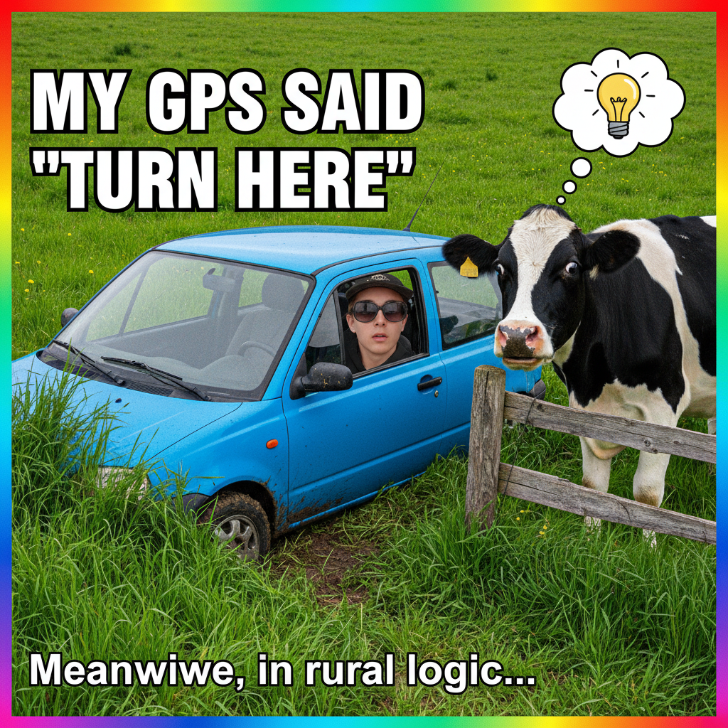 GPS said 'turn right.' I turned right. Now I'm in a field with a cow.