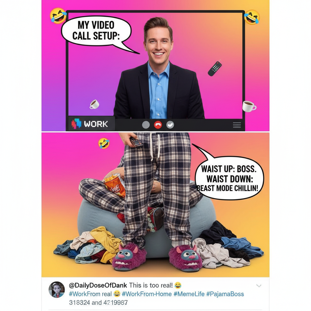 My WFH uniform is 50% pajamas, 50% existential dread. 100% productive? Maybe.