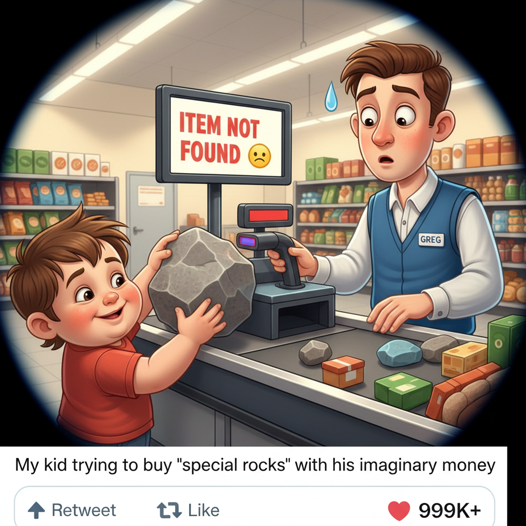 My toddler just tried to pay for groceries with a rock. Send help. #Parenting
