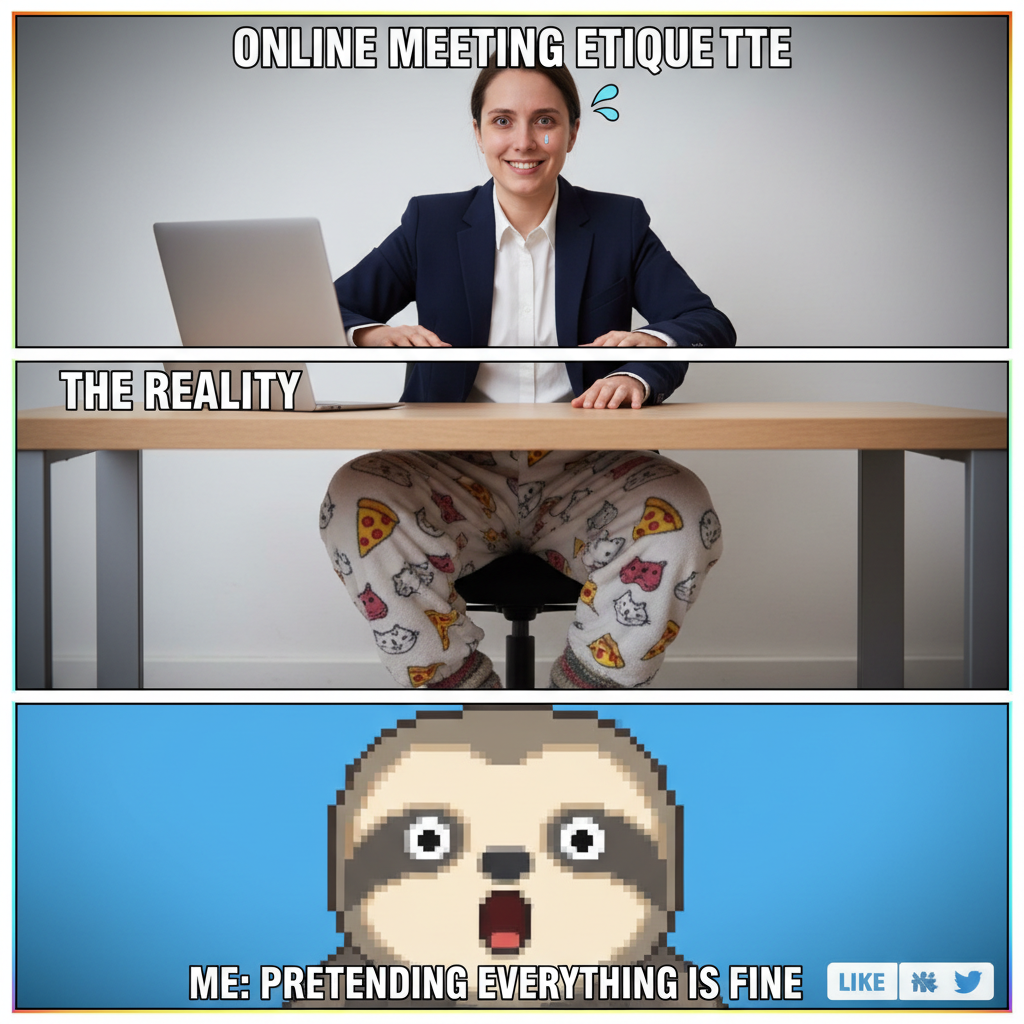 My WFH uniform: business on top, pajama pants on the bottom, existential dread everywhere.