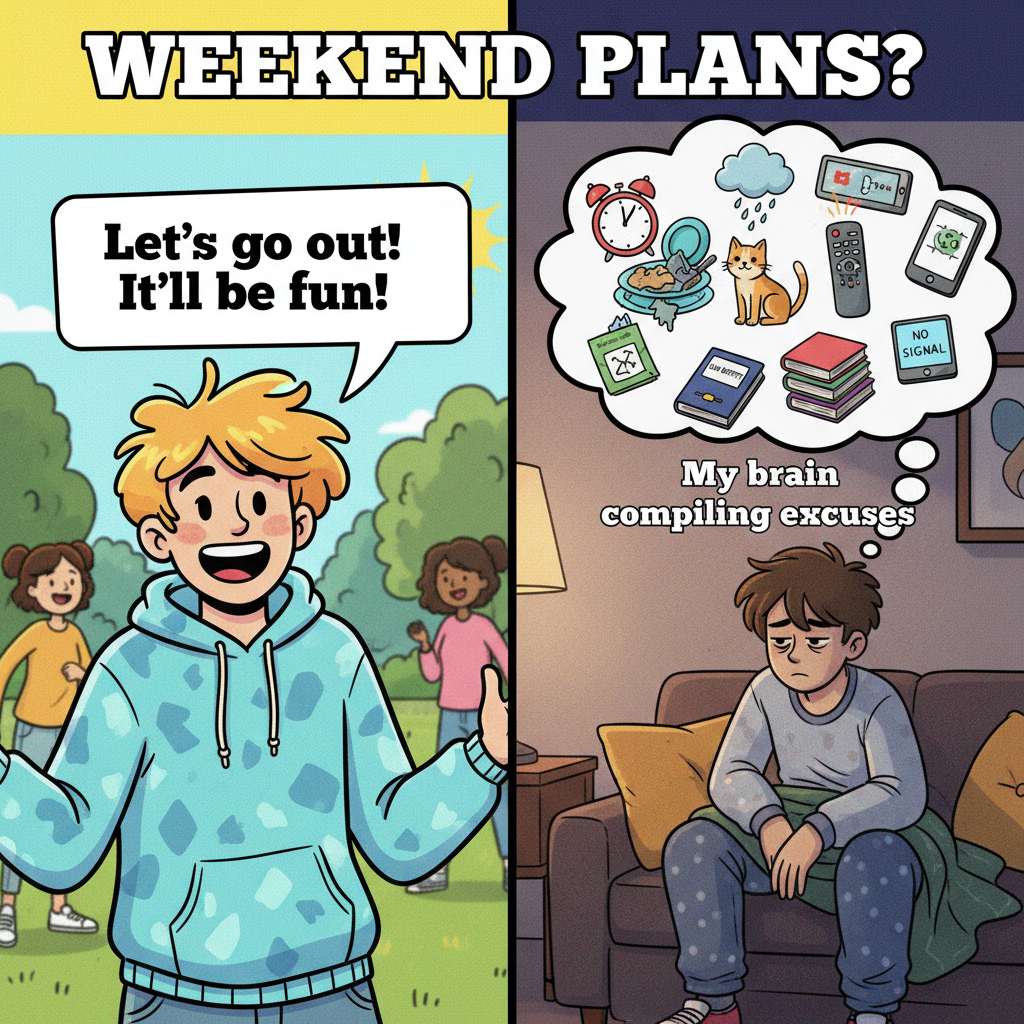 Extrovert: 'Let's go out!' Introvert: *already planning 3 excuses*