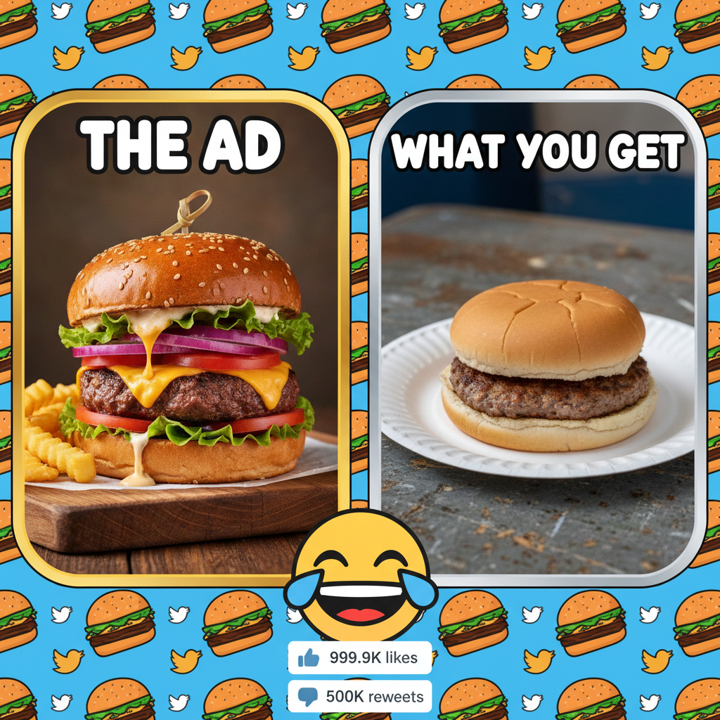 Ordered a gourmet burger, got a sad patty on a bun. My expectations vs. reality is a tragedy.