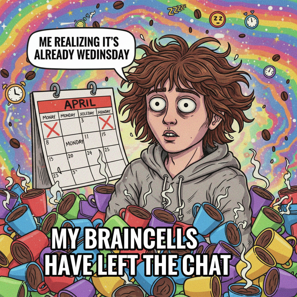 My brain on Monday morning trying to remember what day it is. Send coffee and existential dread.