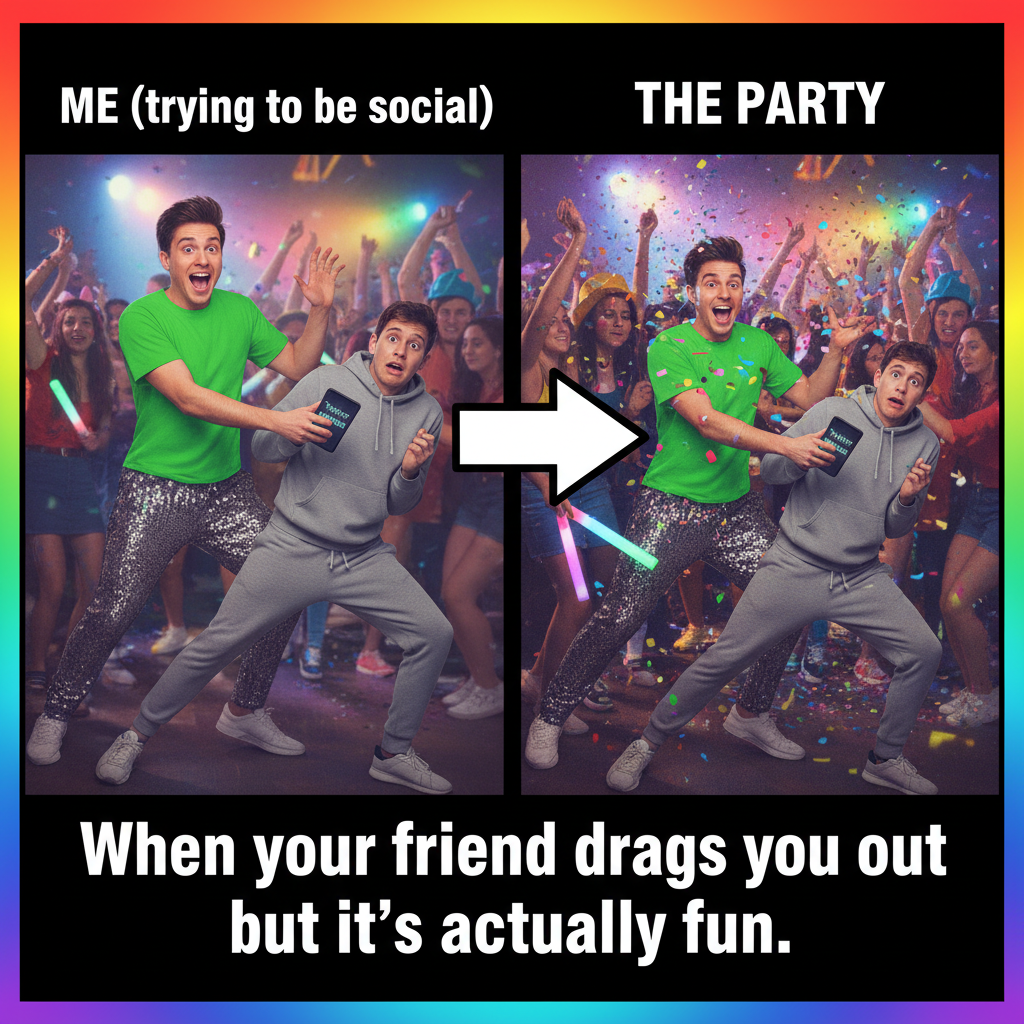 When the extrovert drags the introvert to a party. One is thriving, one is planning their escape.