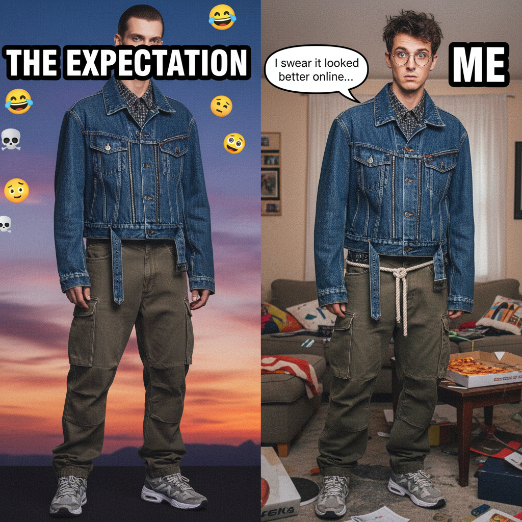 Bought it online. Looked amazing on the model. Looks like a potato sack on me.