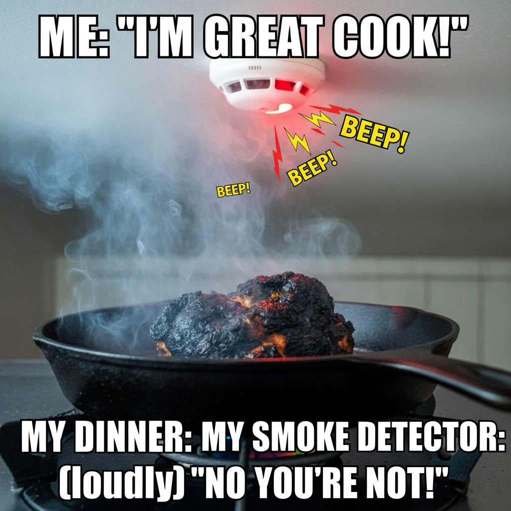 Attempted to make a gourmet meal. Ended up with charcoal and a fire alarm concert.