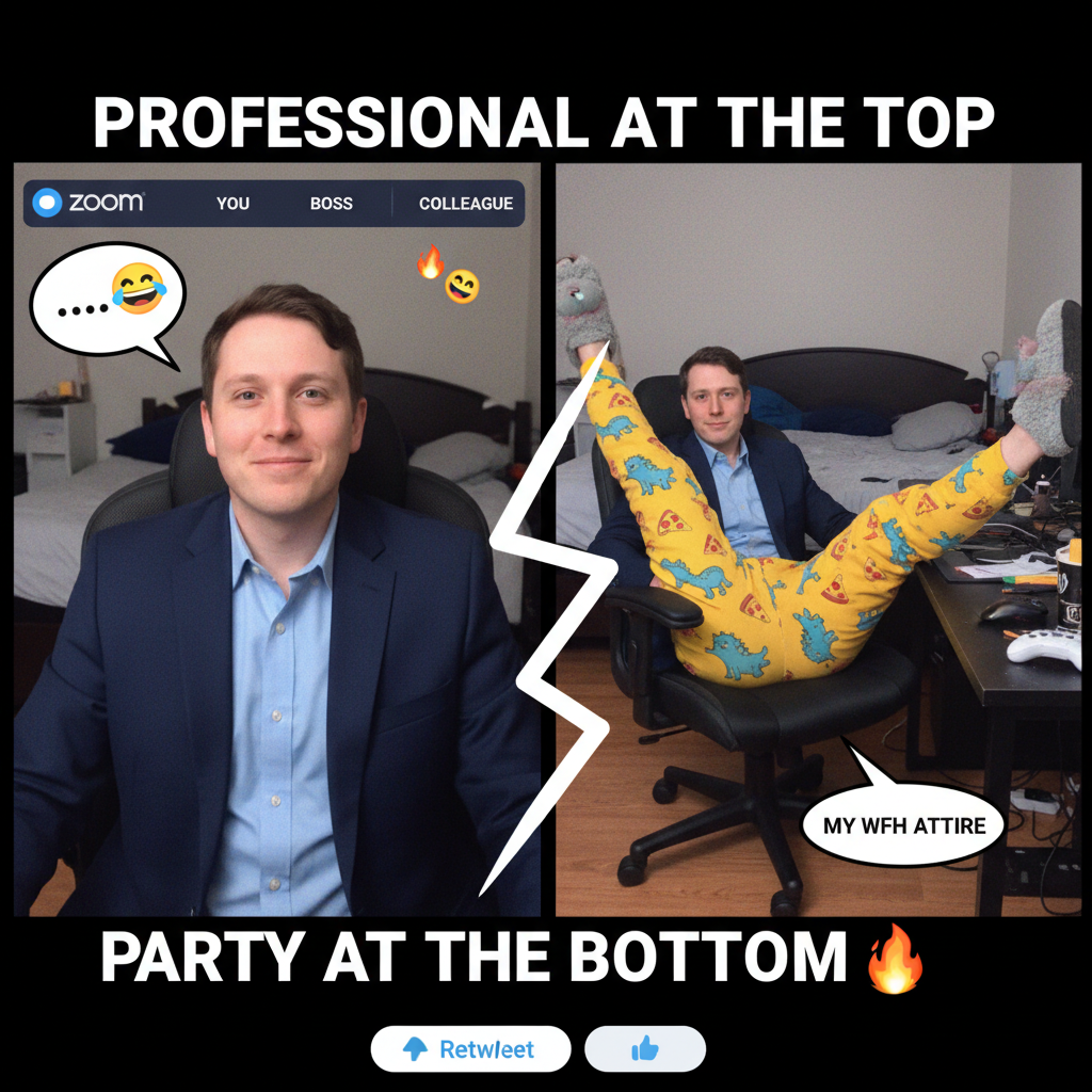 My WFH uniform: Business on top, pajama party on the bottom. The ultimate disguise.