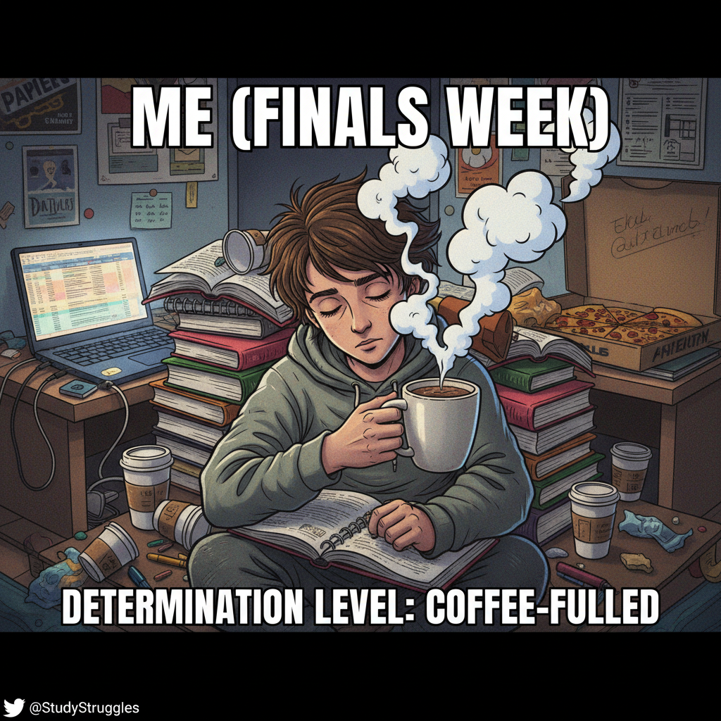 My brain during exam season: 90% caffeine, 10% existential dread. #StudentLife