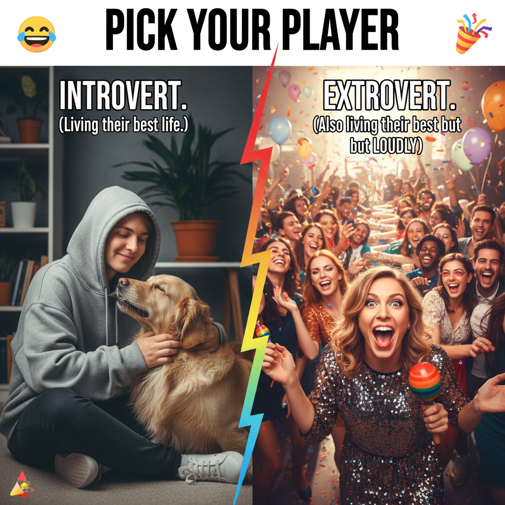 Introvert at a party: 'I just need to find the dog.' Extrovert: 'LET'S START A CONGA LINE!'