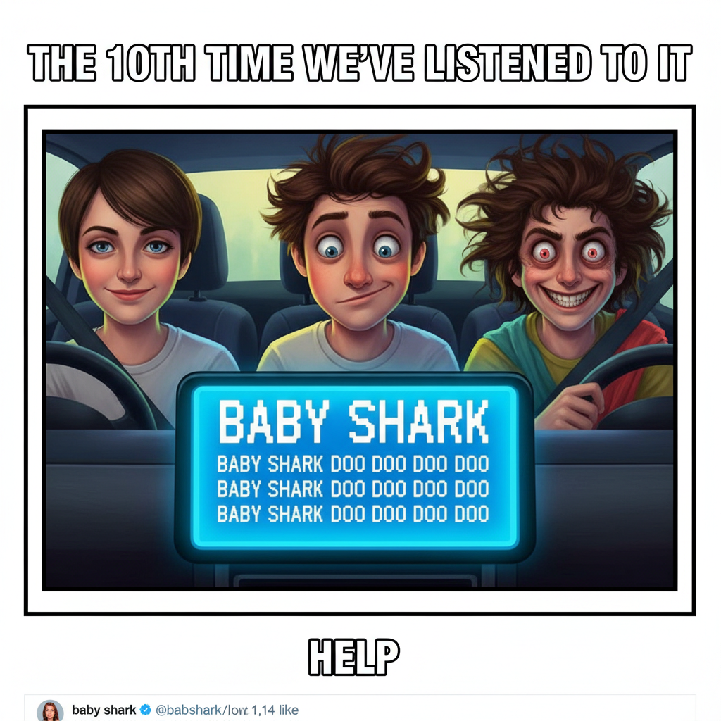 Our road trip playlist glitched and played the same song for 3 hours. We're all feral now.