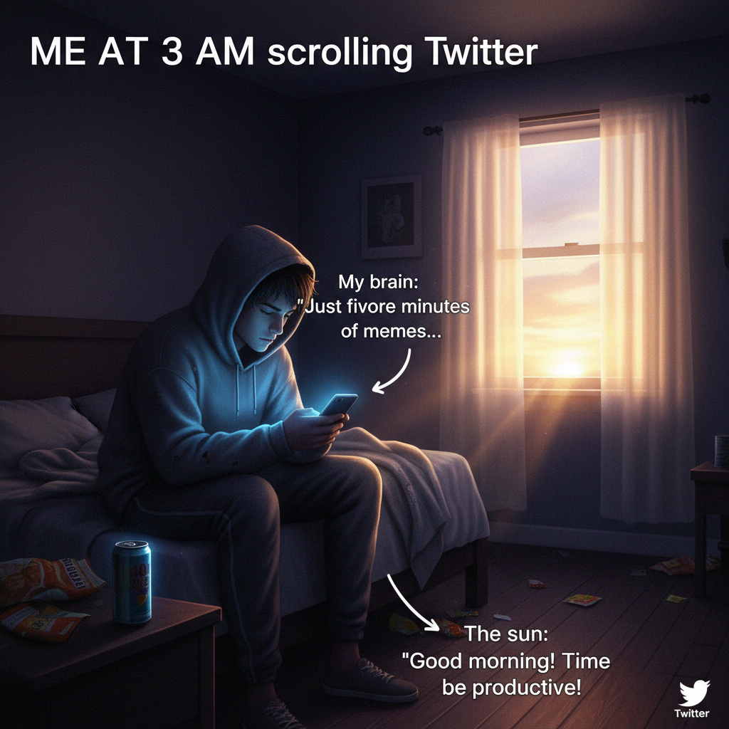 Me: 'I'll just check Twitter for 5 mins.' 3 hours later: *sees sun rise*