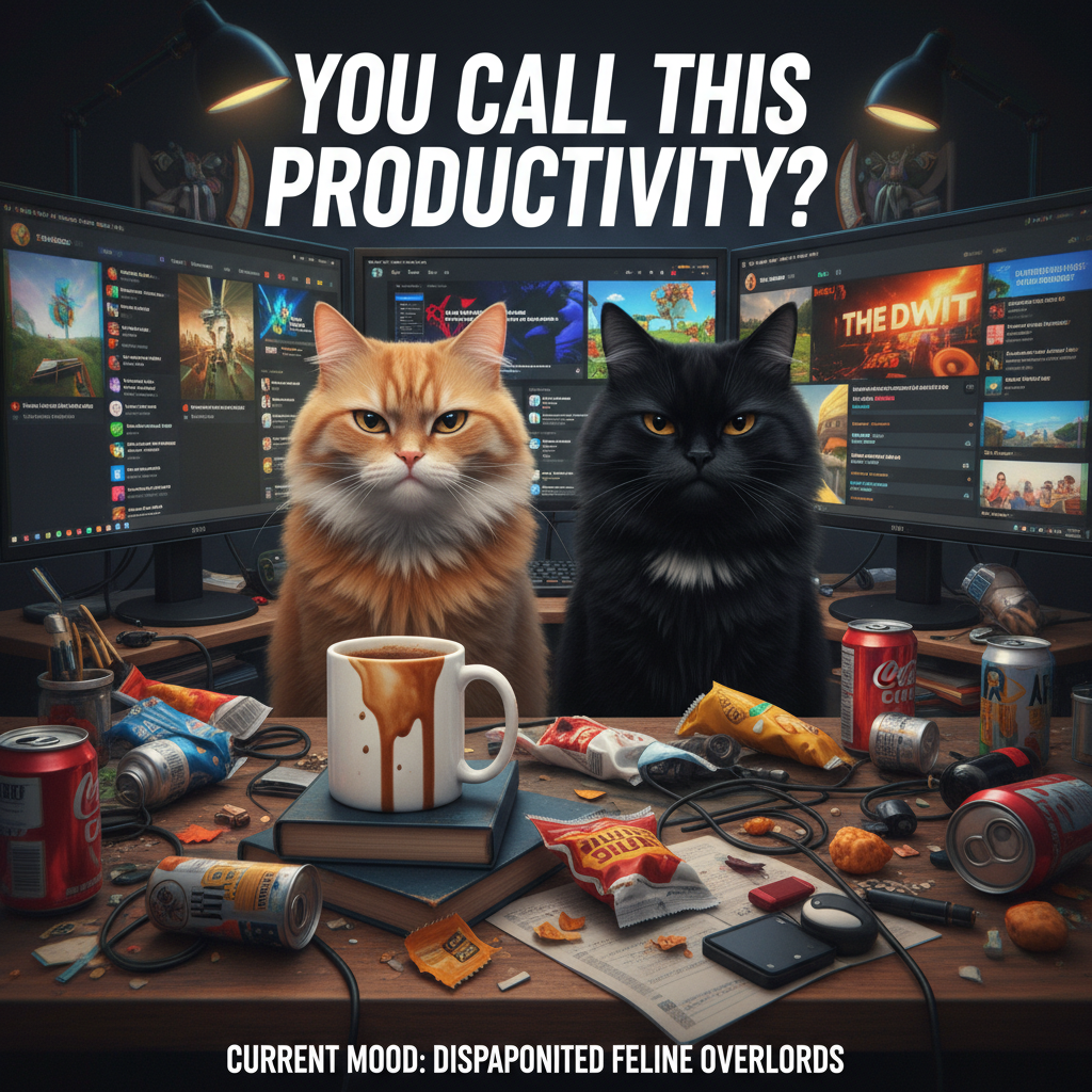 My WFH setup is 3 monitors, a coffee stain, and 2 cats judging my life choices.