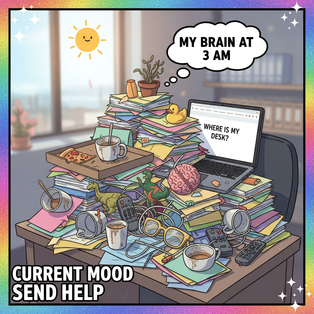 My New Year's resolution was to 'be more organized.' My desk is currently a biohazard.