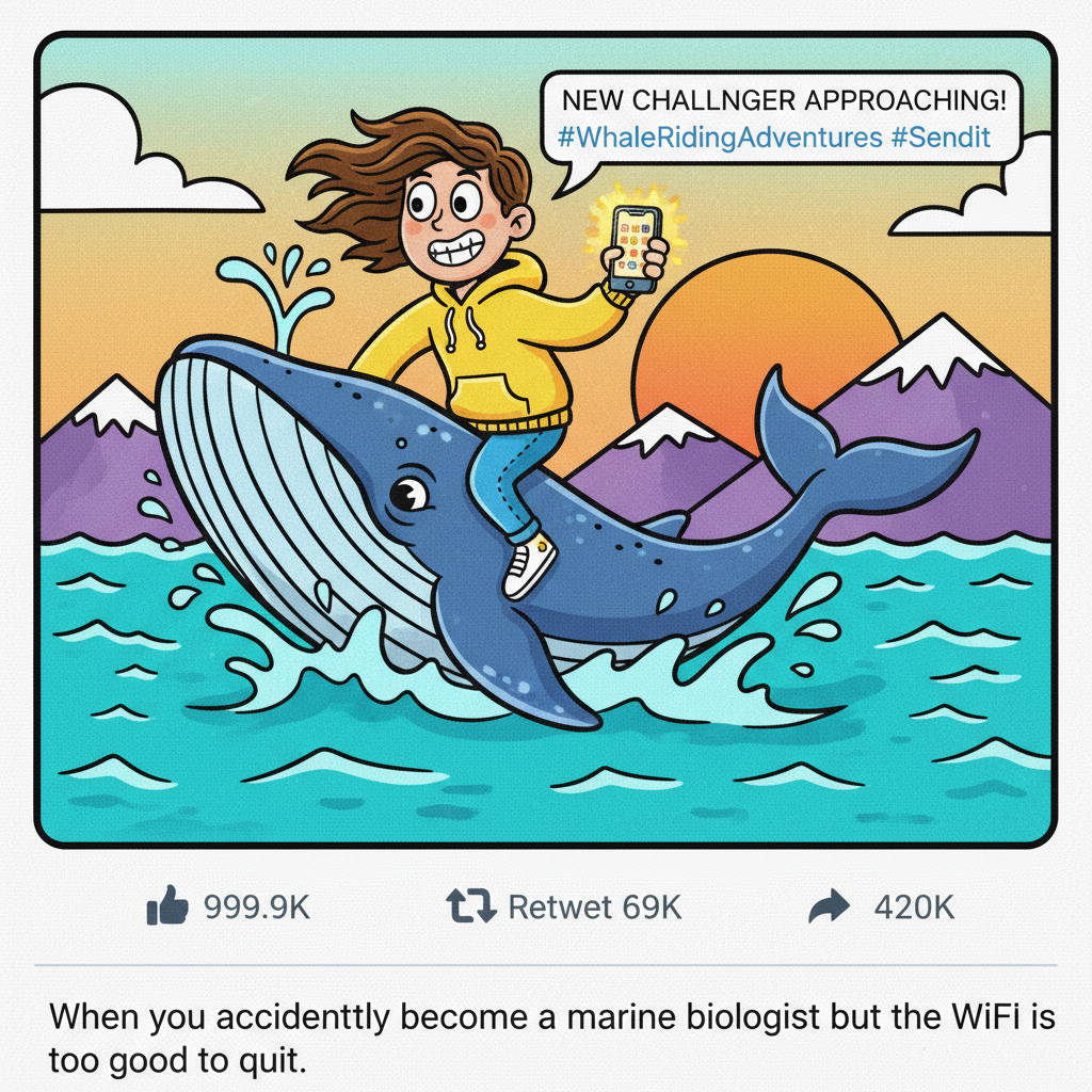 Autocorrect changed 'I'm on my way' to 'I'm on my whale.' Guess I'm making an entrance.
