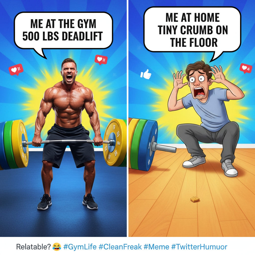 Me at the gym vs. me seeing a single crumb on the floor. The strength disparity is WILD.