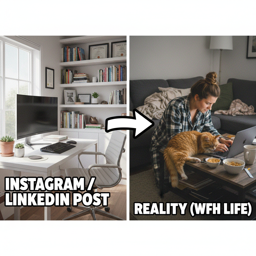 My 'professional' WFH setup vs. reality. My cat is my coworker.