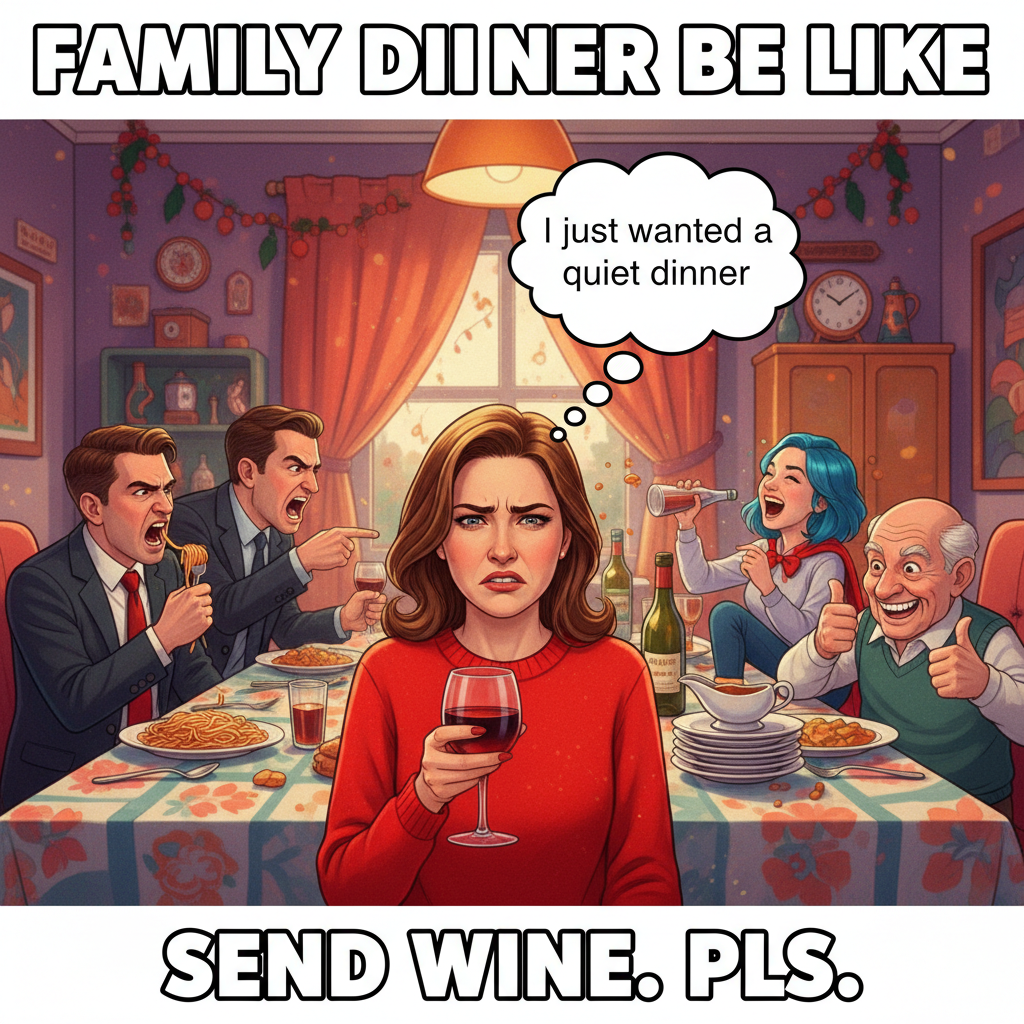 Holiday family dinner: 3 hours of 'remember that one time?' and 2 hours of passive aggression. Send wine.
