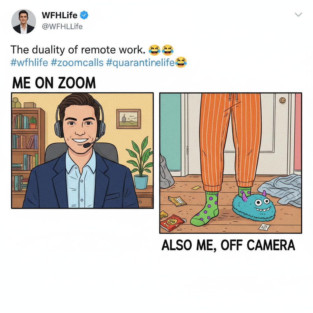 WFH dress code: business on top, pajama party on the bottom. Don't ask about the socks.