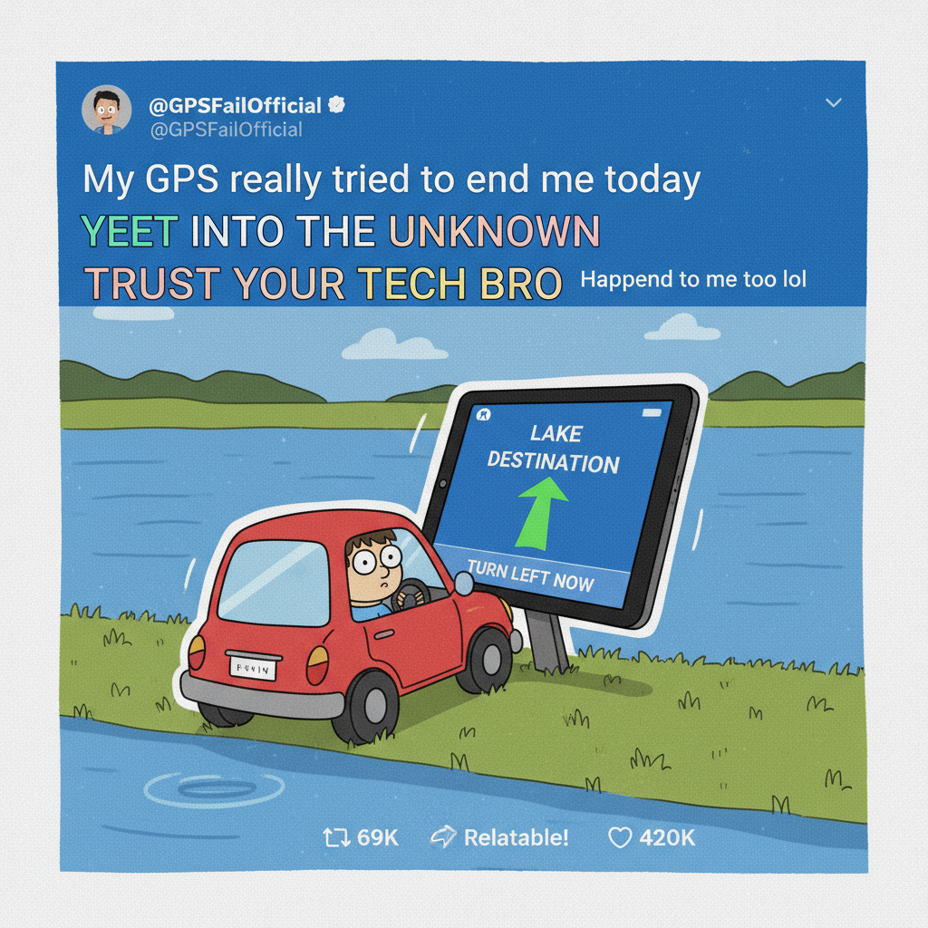 GPS told us to turn left into a lake. We almost did it. Send help.