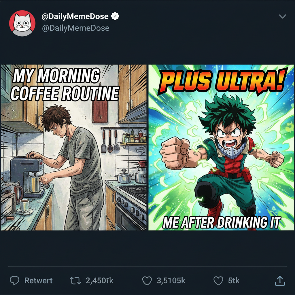 Me trying to adult vs. my inner anime protagonist screaming 'PLUS ULTRA!' at a coffee machine.
