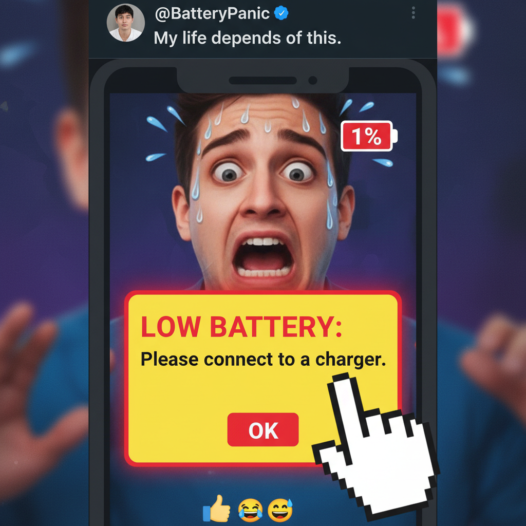 My phone battery is at 1%. My life choices led me here. Send chargers, not thoughts.