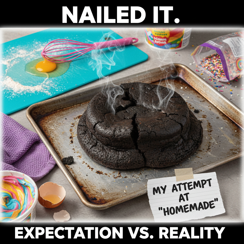 Attempted to bake a cake, ended up with a charcoal frisbee. My kitchen is now a crime scene.