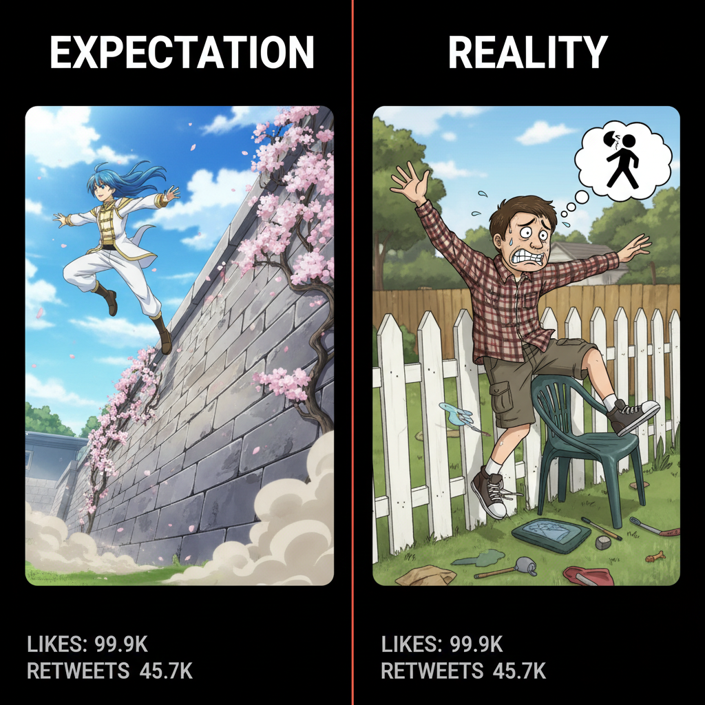 Me trying to use anime logic in real life: 'I can totally jump over that fence!' (Spoiler: I can't)
